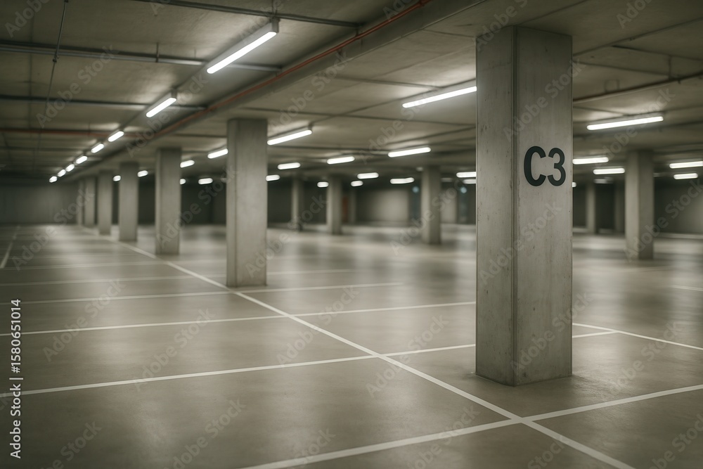 Poster spacious empty parking garage with concrete columns and overhead lighting