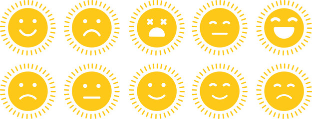 sun icon set in emoji shape Cute Cartoon Sun Character Smiling Face Sunshine Rays, and Playful Emotions for Kids’ Summer Design and Positive Vector