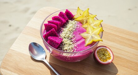 Vibrant tropical smoothie bowl with dragon fruit, starfruit, and passion fruit on a wooden board, accompanied by a spoon, set against a sunlit sandy beach background