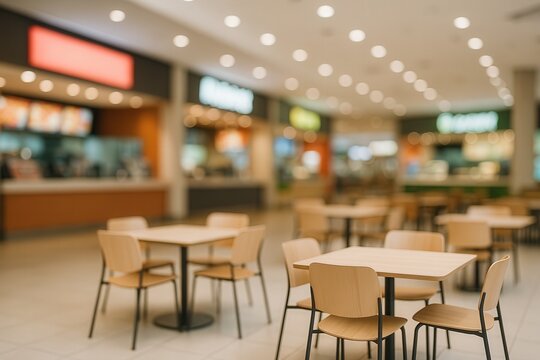 Empty Mall Food Court With Wooden Tables and Chairs in a Modern Shopping Center Interior