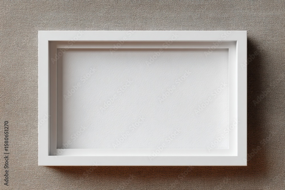 Poster empty white rectangular picture frame on beige wall with subtle texture for home decor and wall art 