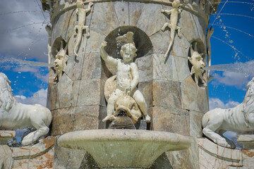 Fountain of Mariblanca de Aranjuez showcases intricate sculptures and water features in Aranjuez,...