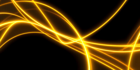 Dark abstract background with gold neon glowing lines. Bold neon gold light trails on a dark surface, creating a striking and futuristic effect. Perfect for tech, digital design themes