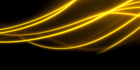 Dark abstract background with gold neon glowing lines. Bold neon gold light trails on a dark...