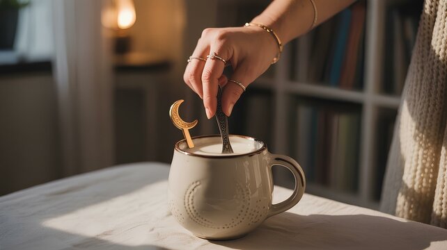 Woman stirs moon milk in a mug with a golden moon spoon for a relaxing cozy moment