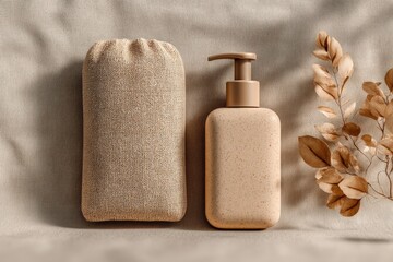 Eco-Friendly Skincare Set with Reusable Cloth and Pump Bottle on Neutral Background with Dried Leaves for Natural Beauty Care