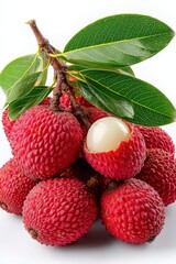 Fresh Lychee Fruits with Green Leaves and One Lychee Peeling Showing White Flesh and Textured Reddish Skin on White Background