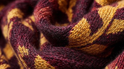 Fall foliage pattern on knitted wool scarf closeup