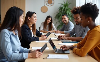 Group of ethnically diverse people having language lesson for immigrants sitting at table doing task with use of digital tablets. High quality