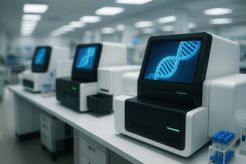 Naklejka premium Cutting Edge Biomedical Laboratory with High Tech Sequencing Machines in Focus Reflecting Advanced DNA Analysis Technology for Modern Scientific Research and Development