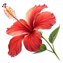 Vibrant red hibiscus flower with green leaves isolated on transparent background