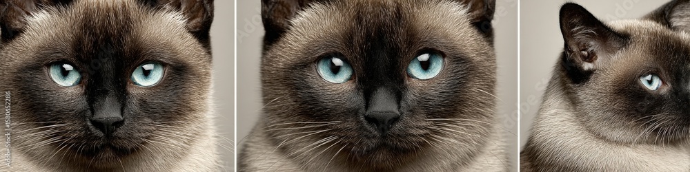 Poster close-up of a siamese cat with striking blue eyes and sleek fur looking directly at the camera in a 