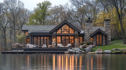 Serene Lakeside Cabin Surrounded by Blossoming Trees in Springtime