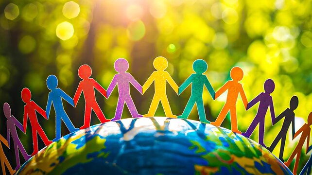 Unity and diversity concept with colorful people holding hands around world globe in nature background  
