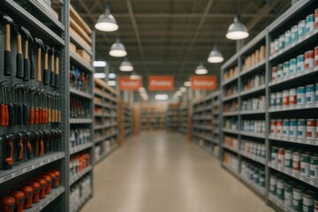 Home Improvement Store Interior Featuring Tools and Paints Aisle Display for DIY Projects and Renovation Needs