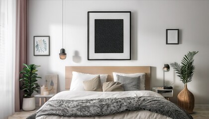 frame mockup poster hanging on the white wall in the scandinavian bed room with decoration