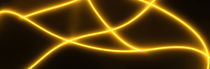 Dark abstract background with gold neon glowing lines. Bold neon gold light trails on a dark...