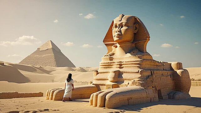 広大な砂漠　古代文明の謎、スフィンクスと旅人　神秘のエジプト、
