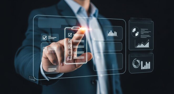 Hand of businessman interacts with virtual checklist on holographic screen, showing online survey, data forms, and analytics interface in dark tech background