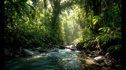 Obraz premium Lush dense tropical rainforest with vibrant green foliage and clear flowing mountain stream surrounded by rocks and sunlight filte through trees