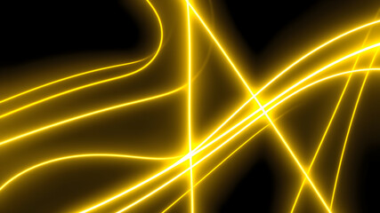 Dark abstract background with gold neon glowing lines. Bold neon gold light trails on a dark...