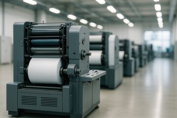 Industrial Printing Press Machines in a Modern Factory Room with Focus on Technology and Precision for Business and Production Processes
