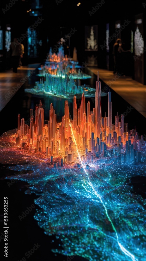Poster striking light patterns illuminate an advanced city model depicting a dynamic interplay of digital i
