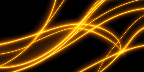 Dark abstract background with gold neon glowing lines. Bold neon gold light trails on a dark...