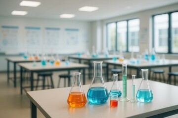 Modern Science Laboratory with Colorful Glassware in Bright Classroom Setting