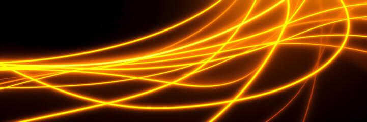 Dark abstract background with gold neon glowing lines. Bold neon gold light trails on a dark surface, creating a striking and futuristic effect. Perfect for tech, digital design themes