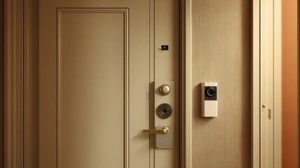 Interior view of front door with electronic lock, door sensor, and small wall camera