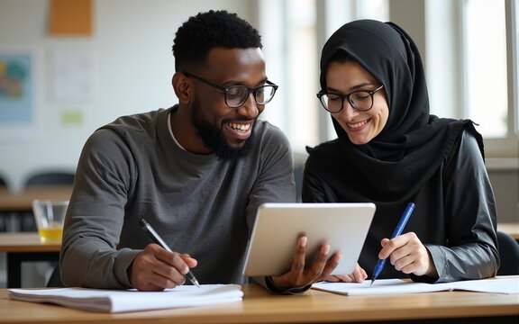 Young Black man and Middle-Eastern woman in hijab watching something on digital tablet and making notes during lesson. High quality