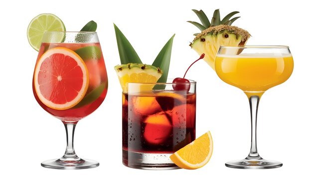 A photograph of three vibrant cocktails, each presented on a separate transparent background for eas