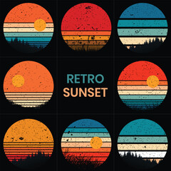 Sunset Forest Silhouette Vector – Retro Circle Badge with Texture