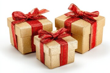 Obraz premium Three Gold Gift Boxes Wrapped with Red Ribbons and Bows for Celebrations and Holiday Gift Giving with Elegant Festive Presentation