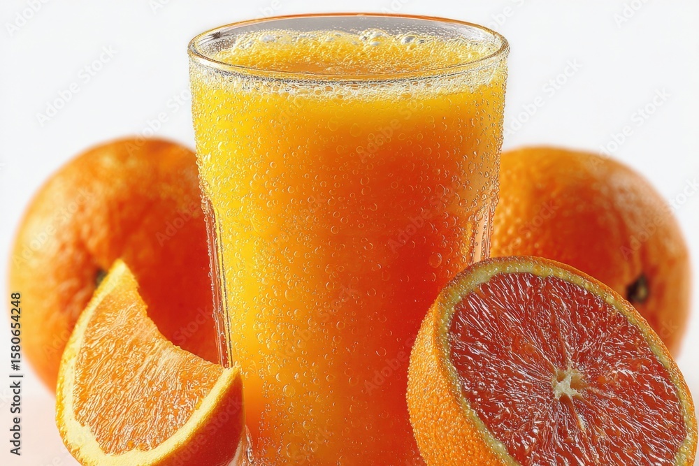 Poster refreshing citrus fruit juice in a tall glass surrounded by whole and sliced oranges and grapefruits