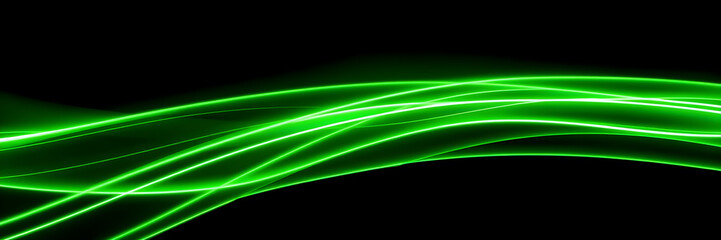 Dark abstract background with green neon glowing lines. Bold neon green light trails on a dark...