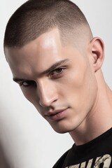 Fototapeta premium Close-up of a young man with a buzz cut hairstyle and serious expression, wea a black t-shirt, against plain white background