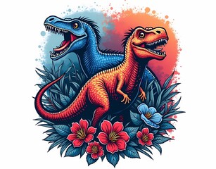 Awesome dinosaur t-shirt design illustration with blooming flowers and a full moon. AI generated