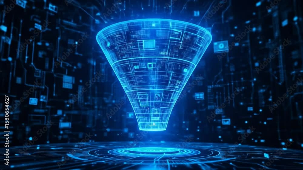 Poster the concept of big data technology and information funnels. large digital funnels with online data a