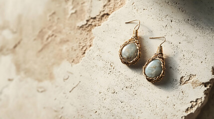Delicate gold and gemstones earrings displayed on softly crinkled fabric with warm sunlight reflections highlighting refined design and minimalist natural beauty

