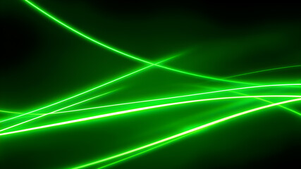 Dark abstract background with green neon glowing lines. Bold neon green light trails on a dark...