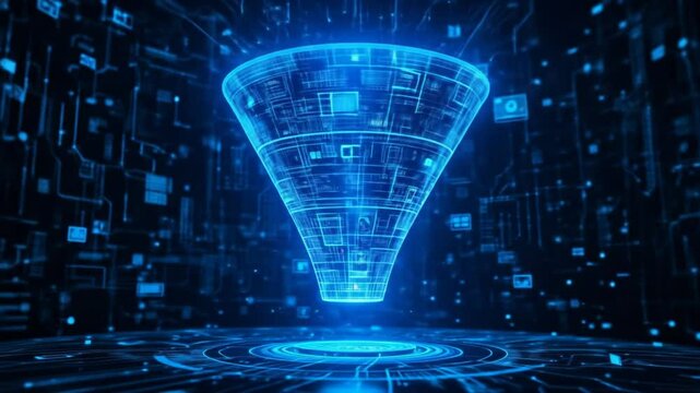 The concept of big data technology and information funnels. Large digital funnels with online data as the process of data collection, analysis, and transformation. 4k video