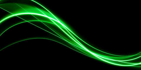 Dark abstract background with green neon glowing lines. Bold neon green light trails on a dark...