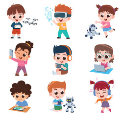 Cartoon Kids Exploring Modern Technology Activities