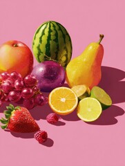 Vibrant Fruit Collage Showcasing a Mix of Colorful Selections Against a Pink Background With Shadows for Design Depth