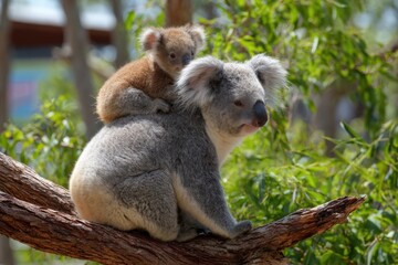 Obraz premium Playful Koala and Baby Koala Sitting Together on Tree Branch in Natural Forest Environment with Green Foliage and Sunlight