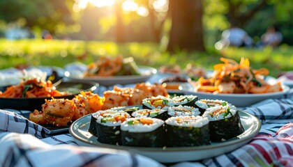 Serene Picnic Scene Featuring Kimbap and Assorted Korean Snacks in a Sunlit Park Setting