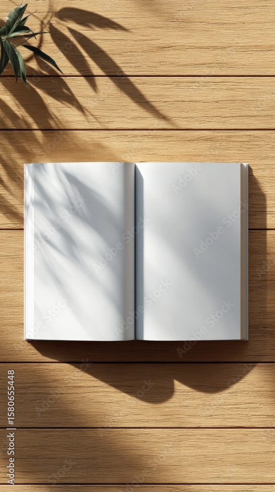 Poster open blank book on wooden surface with natural sunlight and shadow creating a peaceful and inviting 