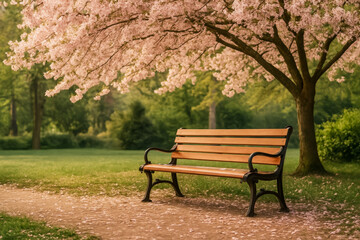 Fototapeta premium Serene park bench under beautiful flowering cherry blossoms